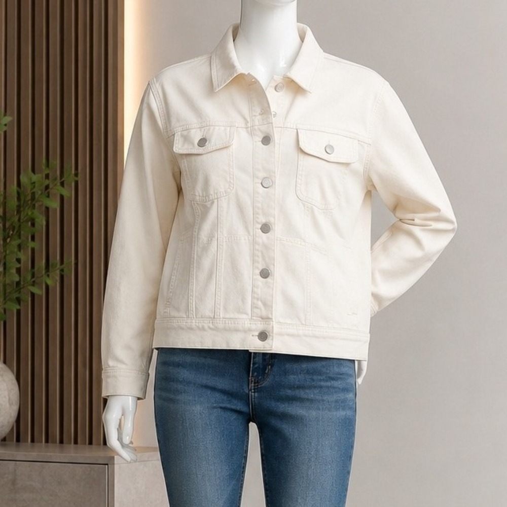DG2 by Diane Gilman Women Denim Jacket Ivory Embroidered Sequin Lemon XL
